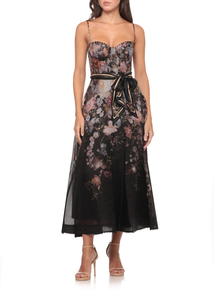 Zimmermann Floral Midi Dress With Bustier Bodice And Sheer Overlay