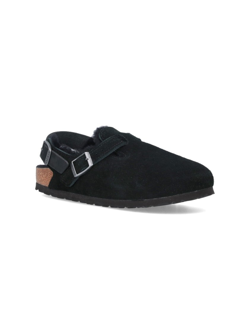 Birkenstock Tokio Fur Mules In Black Suede