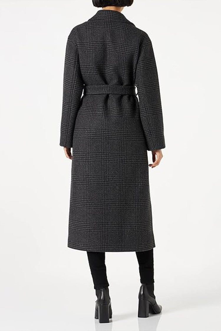 Pinko Grey Double-Breasted Houndstooth Check Wool-Blend Coat
