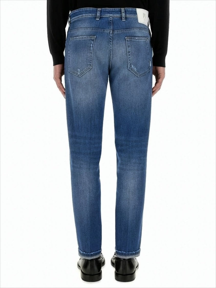 Pt Torino Medium Blue Wash Denim Trousers With Tapered Leg And Distressed Details