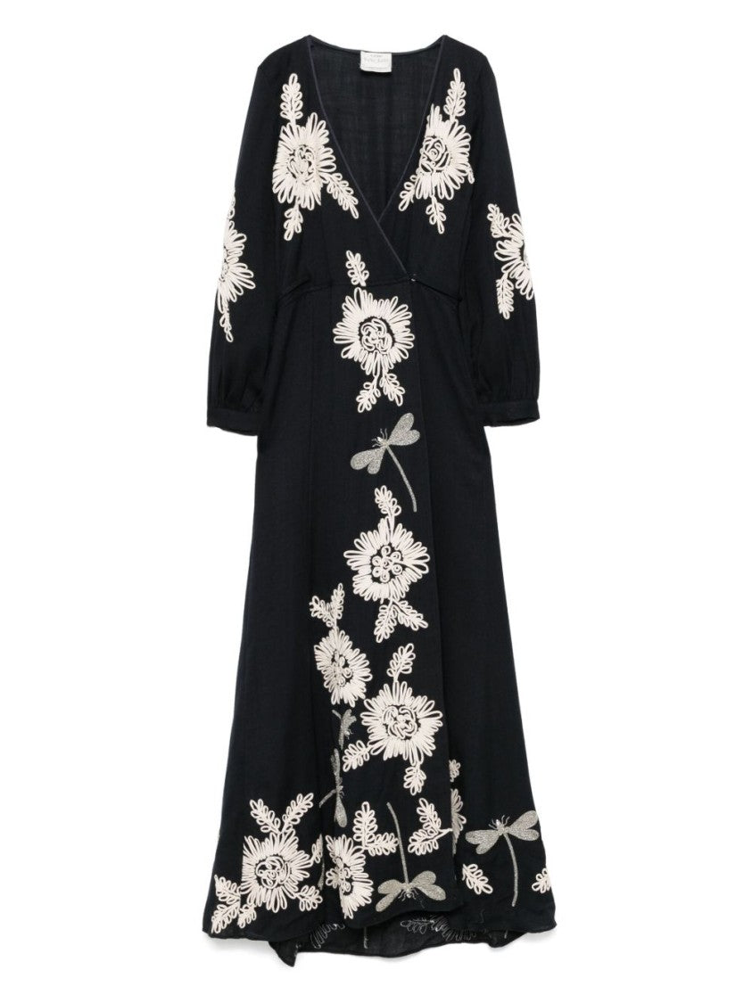 Forte Forte Wrap-Style Black Maxi Dress With Floral Embroidery