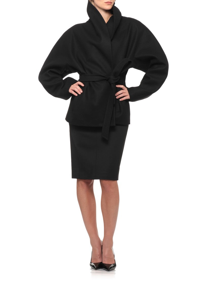 The Andamane Black High-Neck Belted Wool Blazer