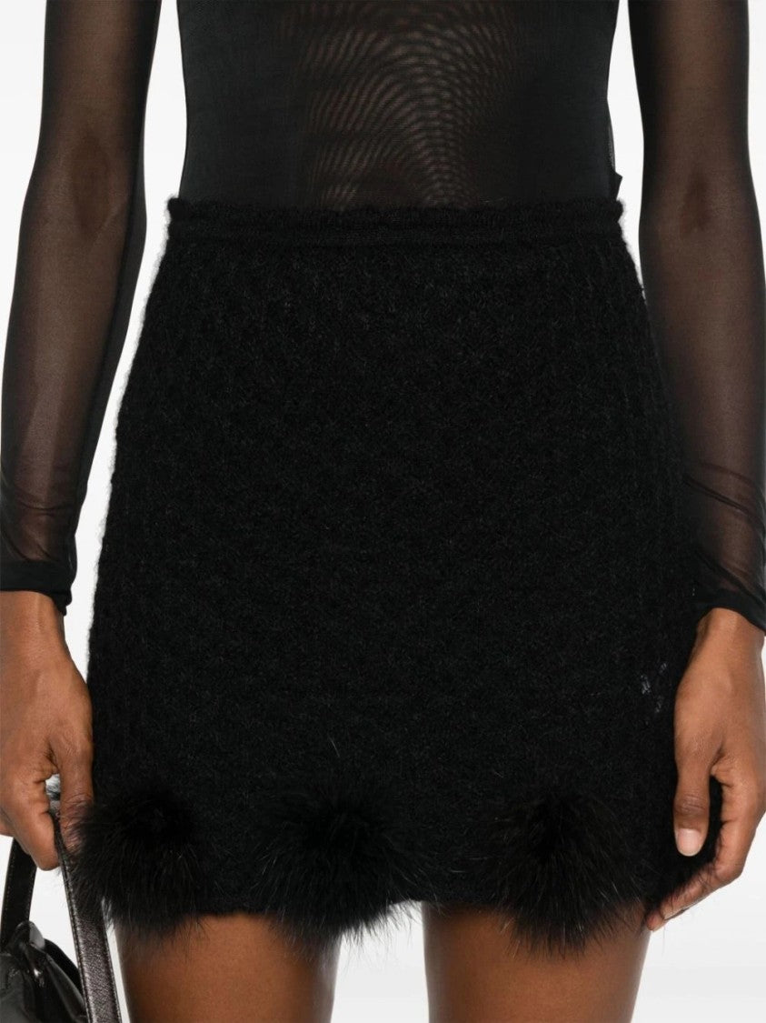 Blumarine Textured Knit Mini Skirt With Whimsical Fur Pom-Poms