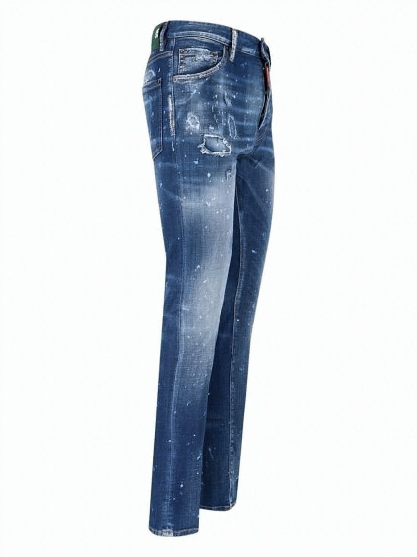 Dsquared2 Paint-Splattered Medium Blue Denim Pants With Slim Fit