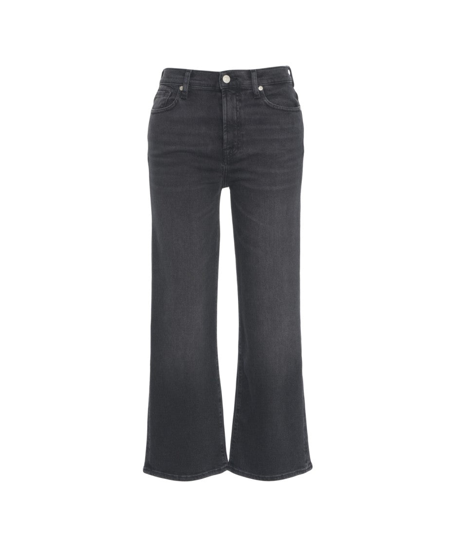 7 For All Mankind Washed Black Straight Leg Jeans With Flared Hem And Classic Five-Pocket Design