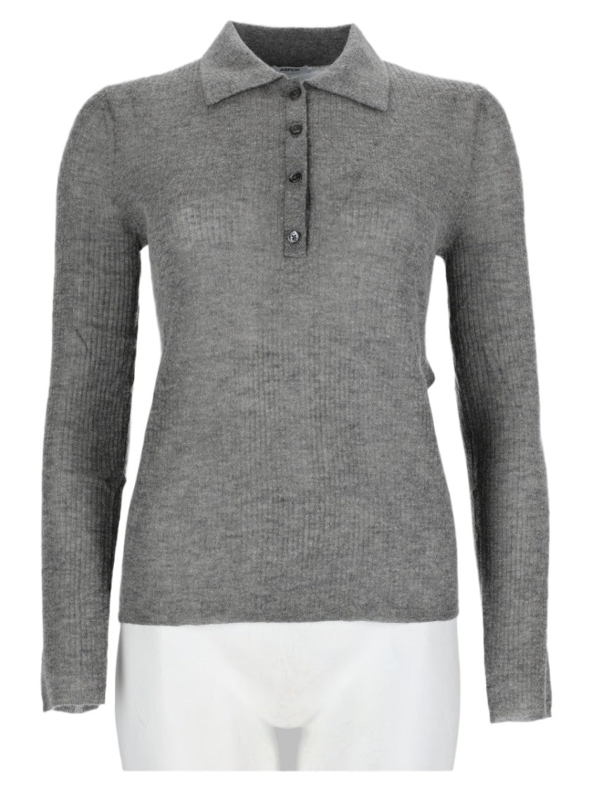 Aspesi Grey Ribbed Knit Wool-Blend Polo Sweater