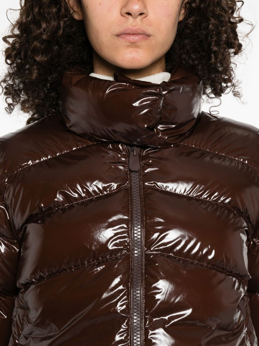 Pinko Quilted Brown Coat With High-Shine Finish And Funnel Neck