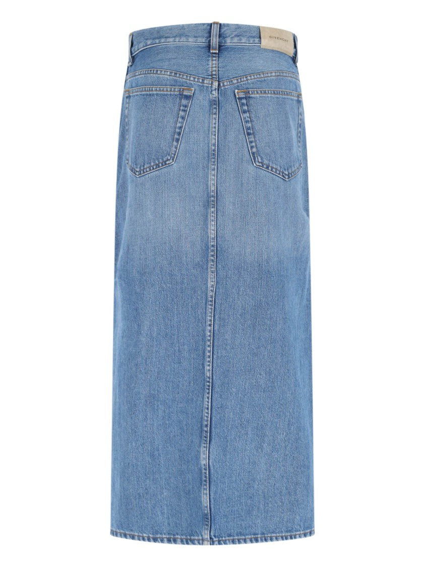 Givenchy Side Slit Midi Denim Skirt With Logo Patch