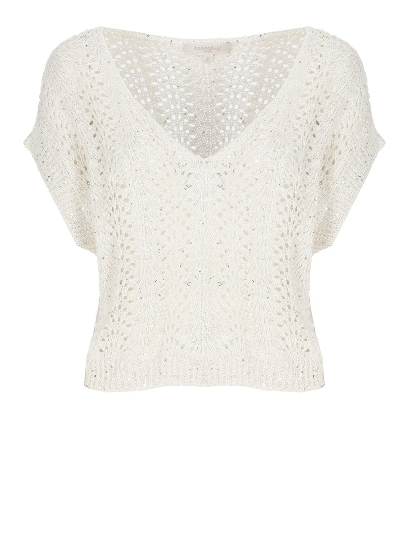 Antonelli Paillette-Embellished Ivory Sweater With Wide Neckline