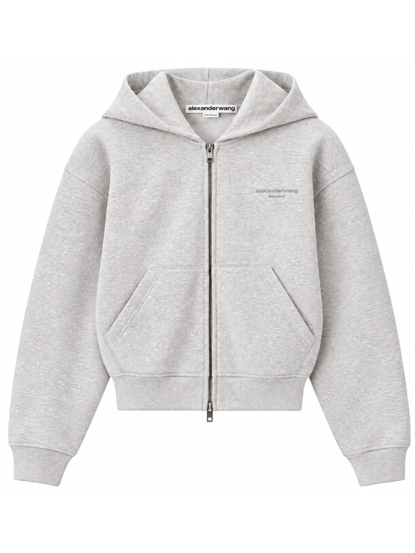 Alexander Wang Grey Crystal Logo Cropped Cotton Hoodie Sweatshirt
