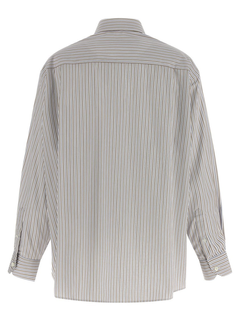 Prada Neutral Striped Cotton Poplin Shirt With Logo Embroidery