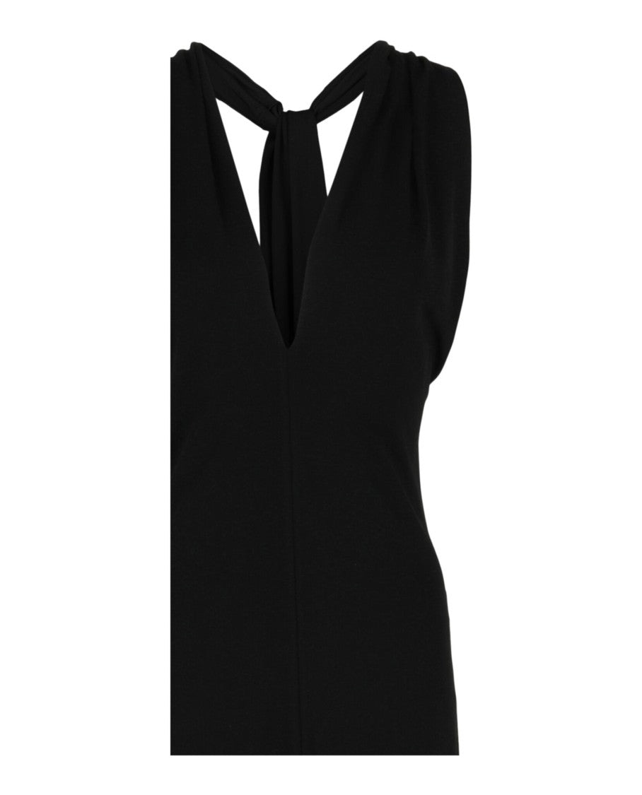 Ferragamo Plunging Neckline Fringe-Hem Midi Dress With Knotted Back Closure