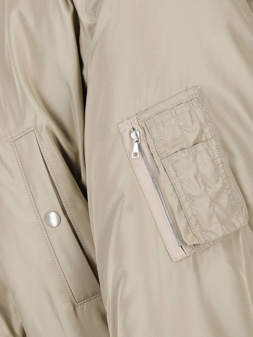 Auralee Green Silk Twill Shearling Bomber Jacket