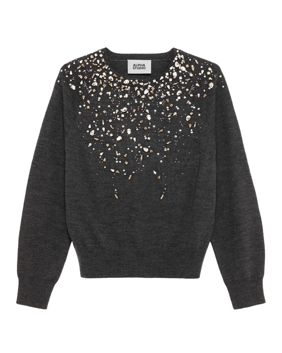 Alpha Studio Long-Sleeved Crewneck Sweater With Stud And Rhinestone Embellishments