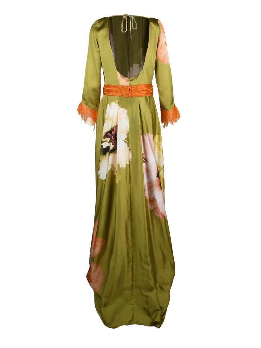 Mischalis Olive Green Feathered Polyester Women Long Dress