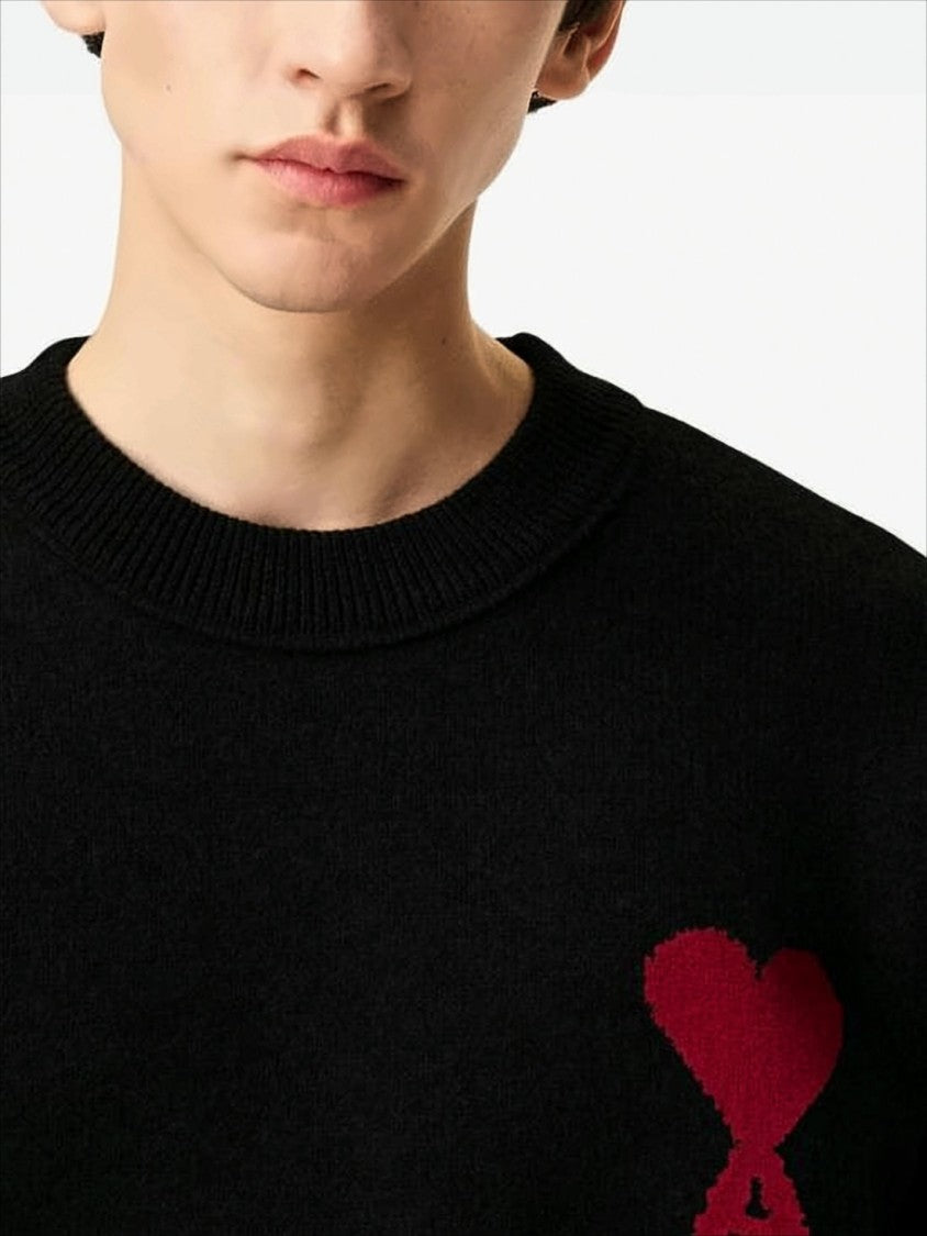 Ami Paris Relaxed Fit Black Wool Sweater With Heart Emblem