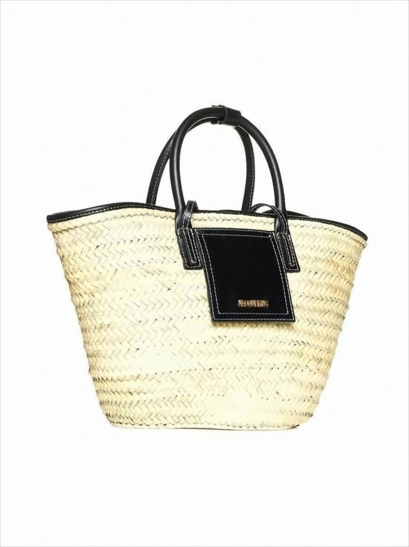 Jacquemus Trapezoidal Woven Straw Tote Bag With Leather Accents