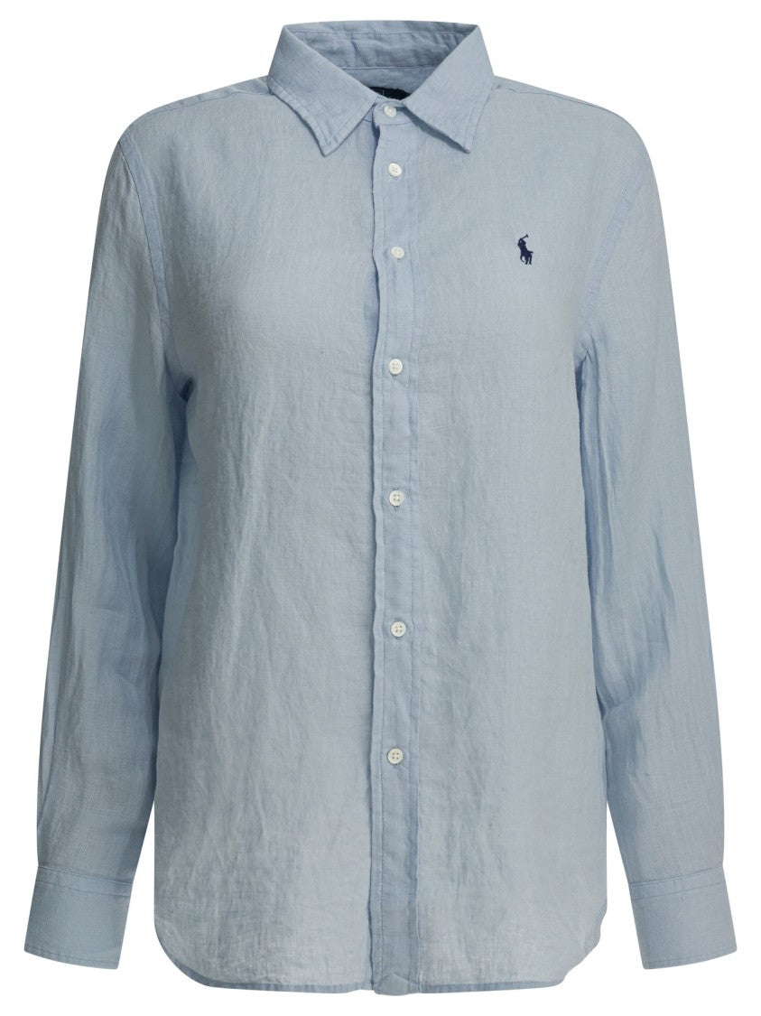 Polo Ralph Lauren Light Blue Linen Shirt With Classic Collar And Embroidered Logo