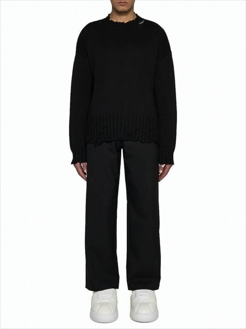 Marni Distressed Hem Black Knitted Sweater With Ribbed Neckline