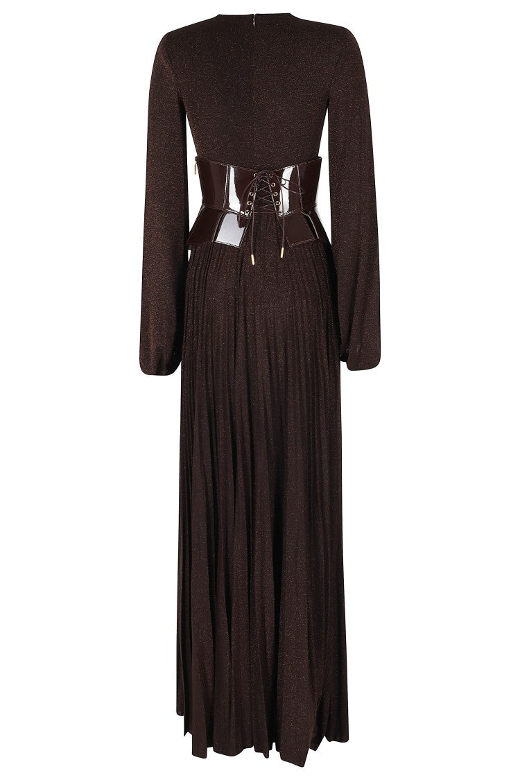 Elisabetta Franchi Brown Pleated Lurex Viscose-Blend Midi Dress