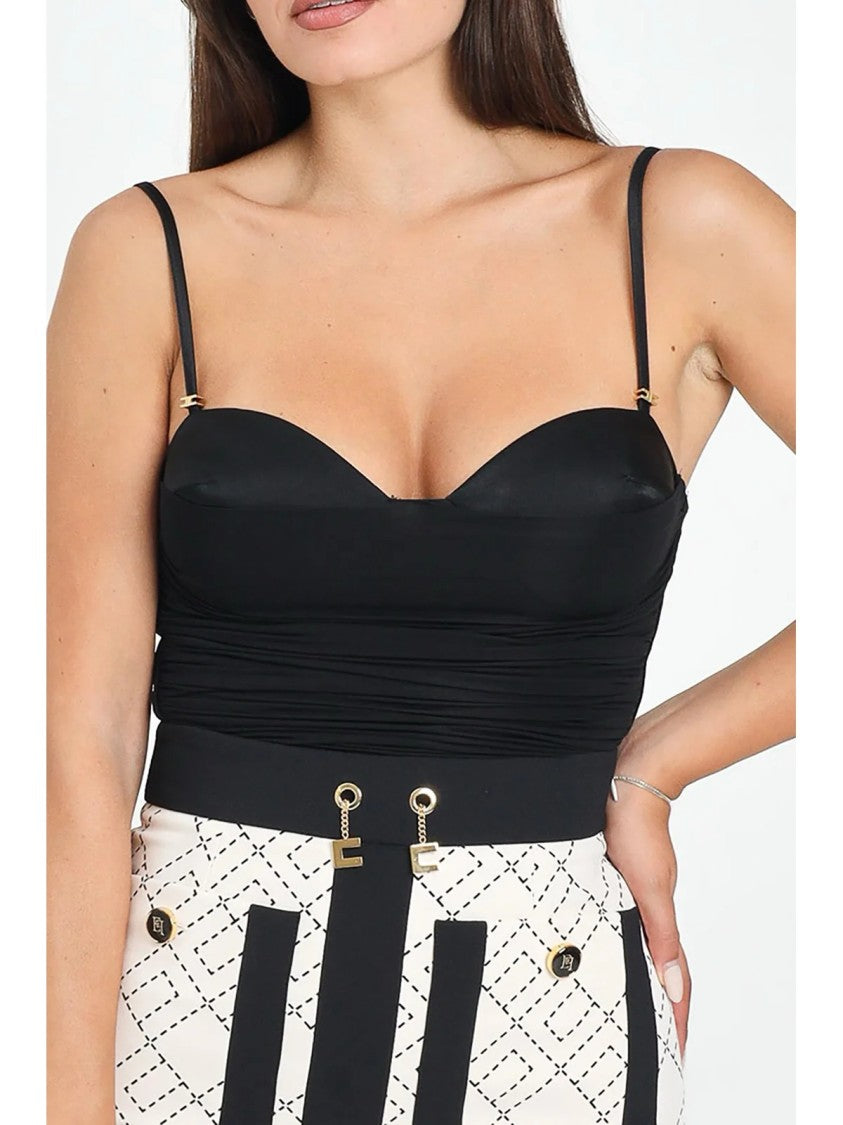 Elisabetta Franchi Black Viscose-Blend Ruched Bodysuit