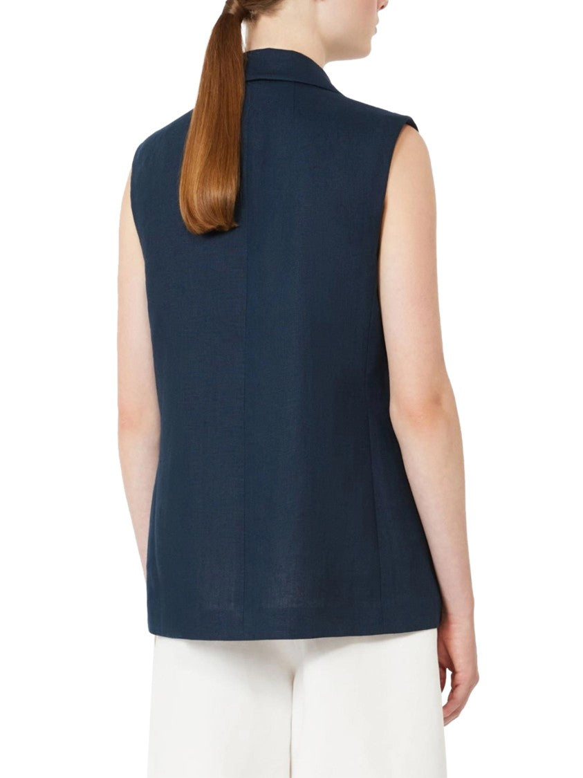 Max Mara Tailored Blue Linen Double-Breasted Gilet With Gold-Tone Buttons