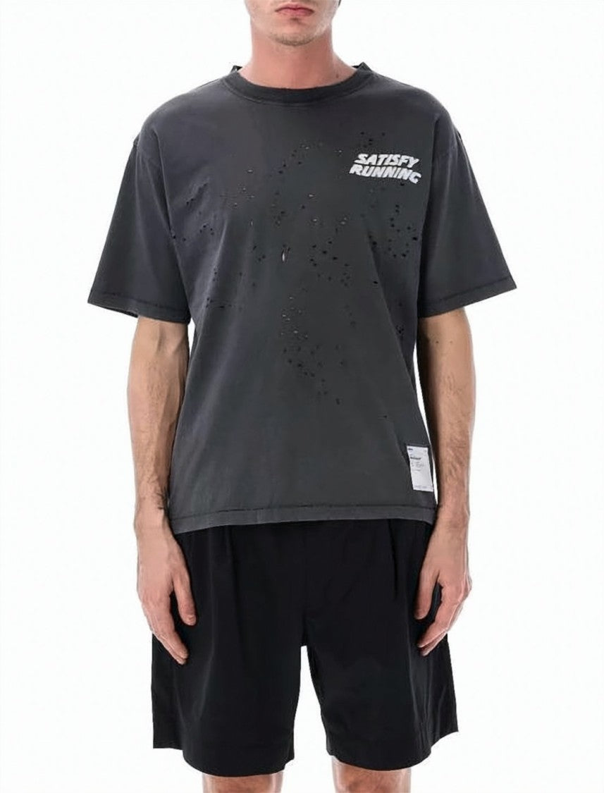 Satisfy Distressed Black Organic Cotton Tee With Crew Neckline