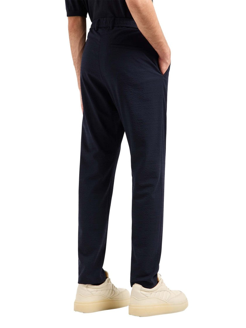 Emporio Armani Navy Seersucker Trousers With Elasticated Waist