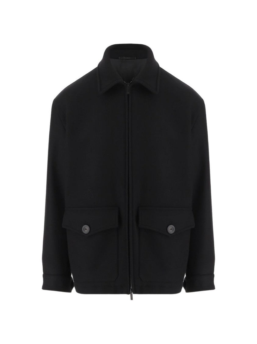 Giorgio Armani Black Structured Classic Collar Flap Pockets Coat