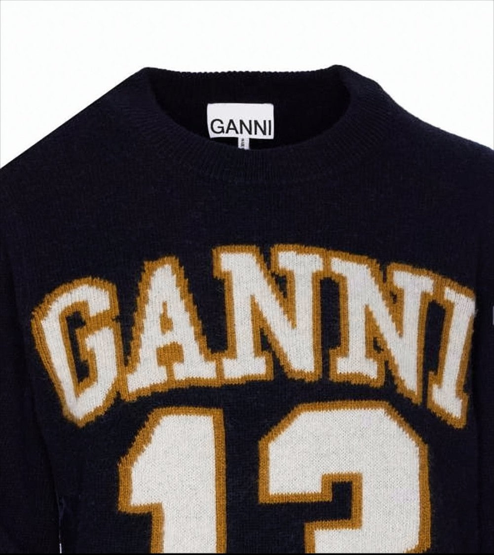 Ganni Varsity-Style Black Knit Sweater With Crew Neckline