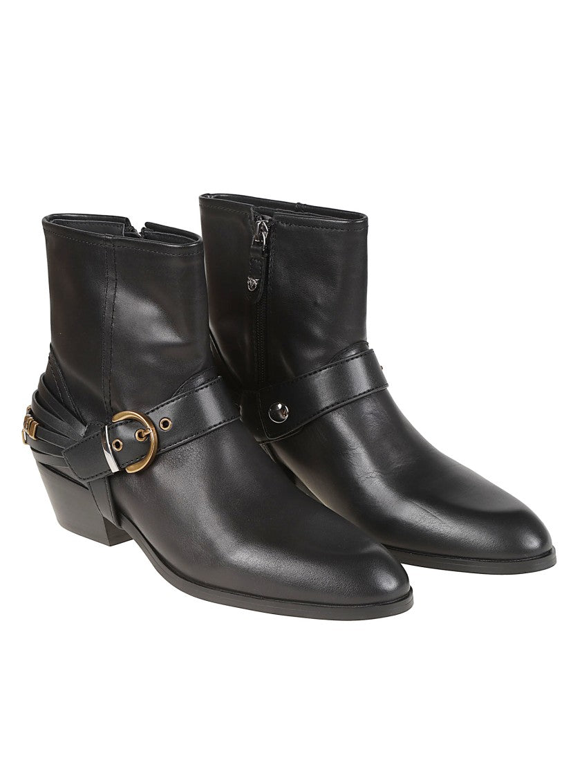 Pinko Jane O7 Pointed Toe Gold-Tone Accent Leather Ankle Boots