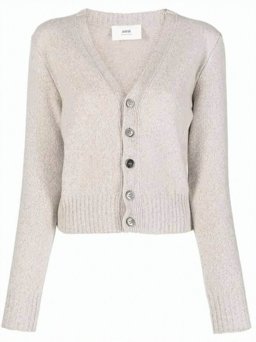 Ami Paris Cashmere Blend Cropped Cardigan With Ribbed Detailing