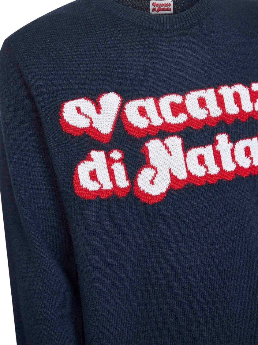 Mc2 Saint Barth Navy Blue Crew-Neck Sweater With Jacquard Lettering