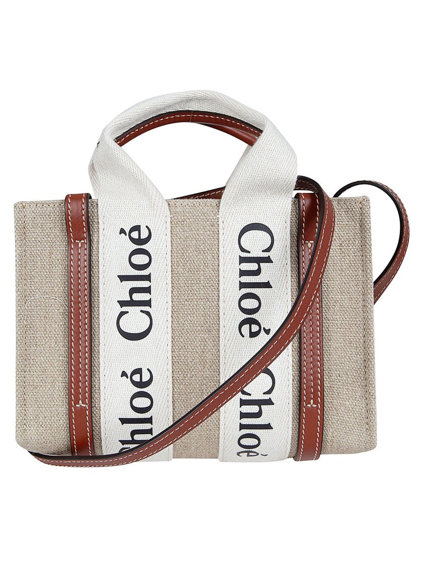 Chloé Structured Rectangular Bag In Textured Beige Fabric With Leather Trim