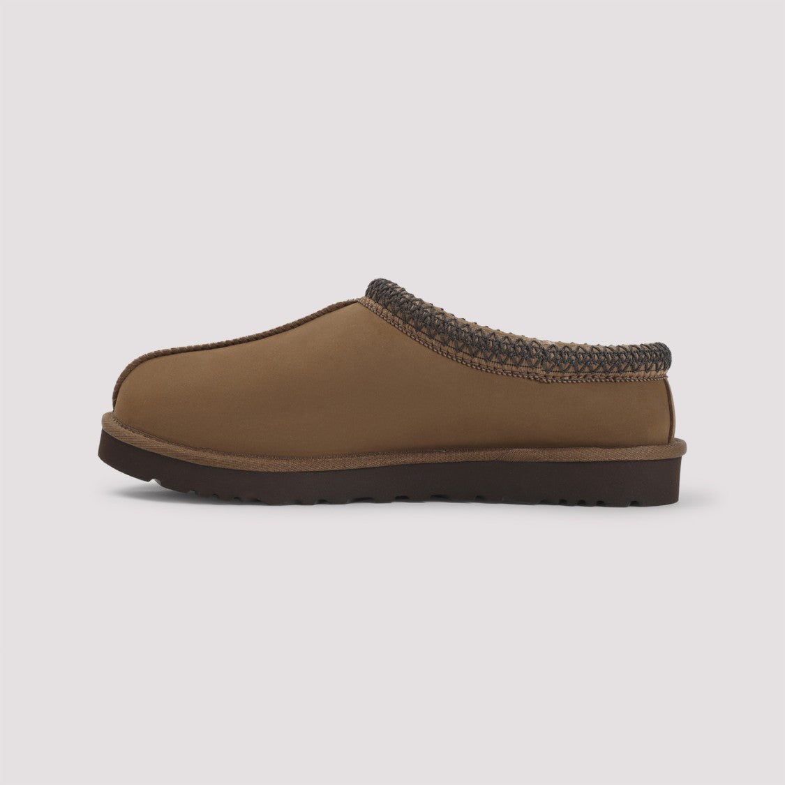 Ugg Brown Leather Slippers With Textured Trim And Easy Slip-On Design
