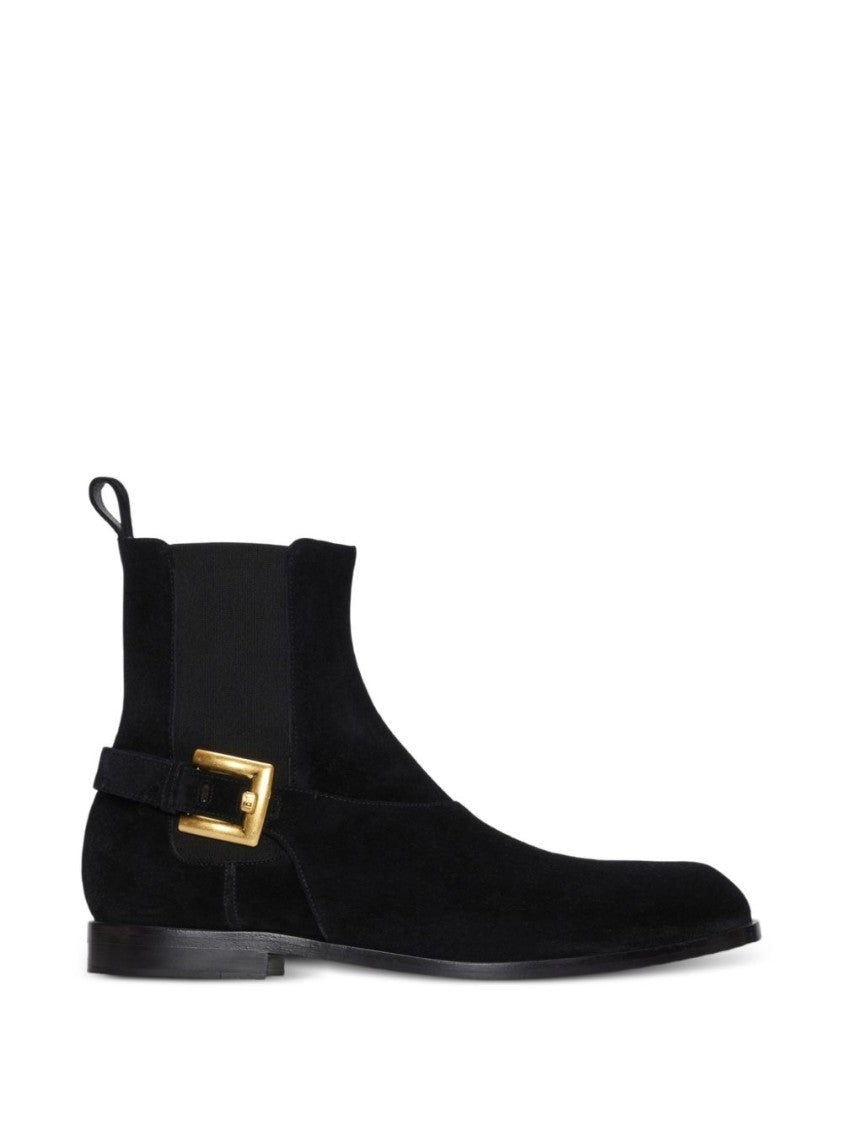 Balmain Smooth Suede Ankle Boots With Gold Buckle Detail
