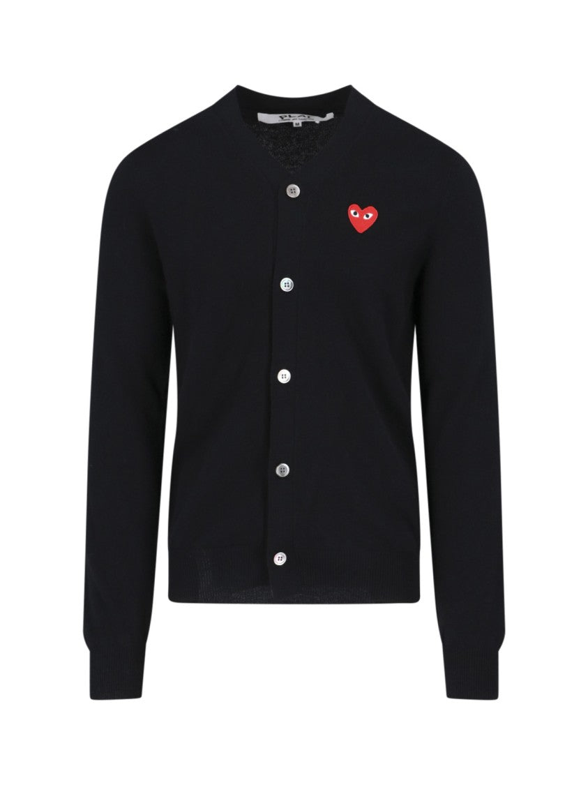 Comme Des Garçons Button-Down Red Heart Patch Black Wool Cardigan