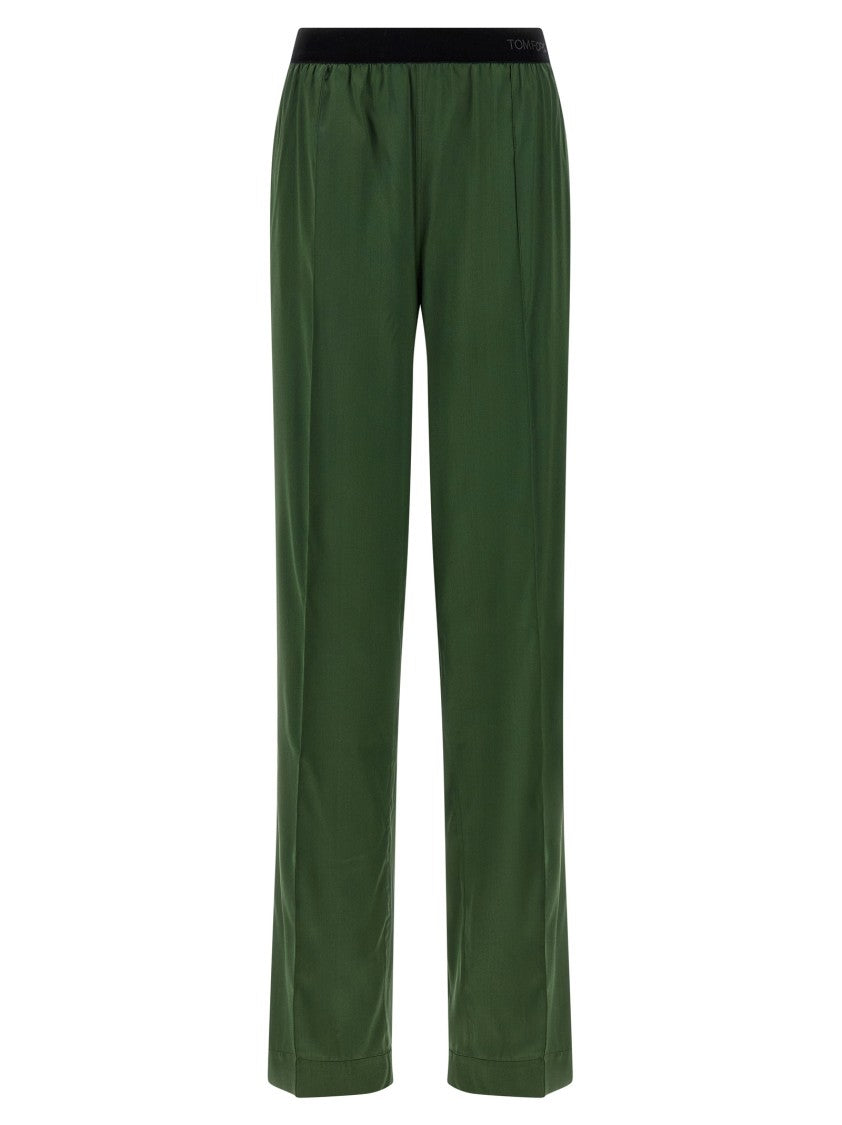 Tom Ford Stretch Silk Satin Pajama-Style Pants With Velvet Logo Waistband