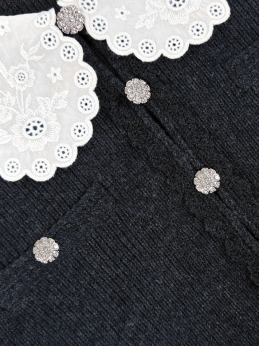 Self-Portrait Gray Jeweled Button Wool Cardigan