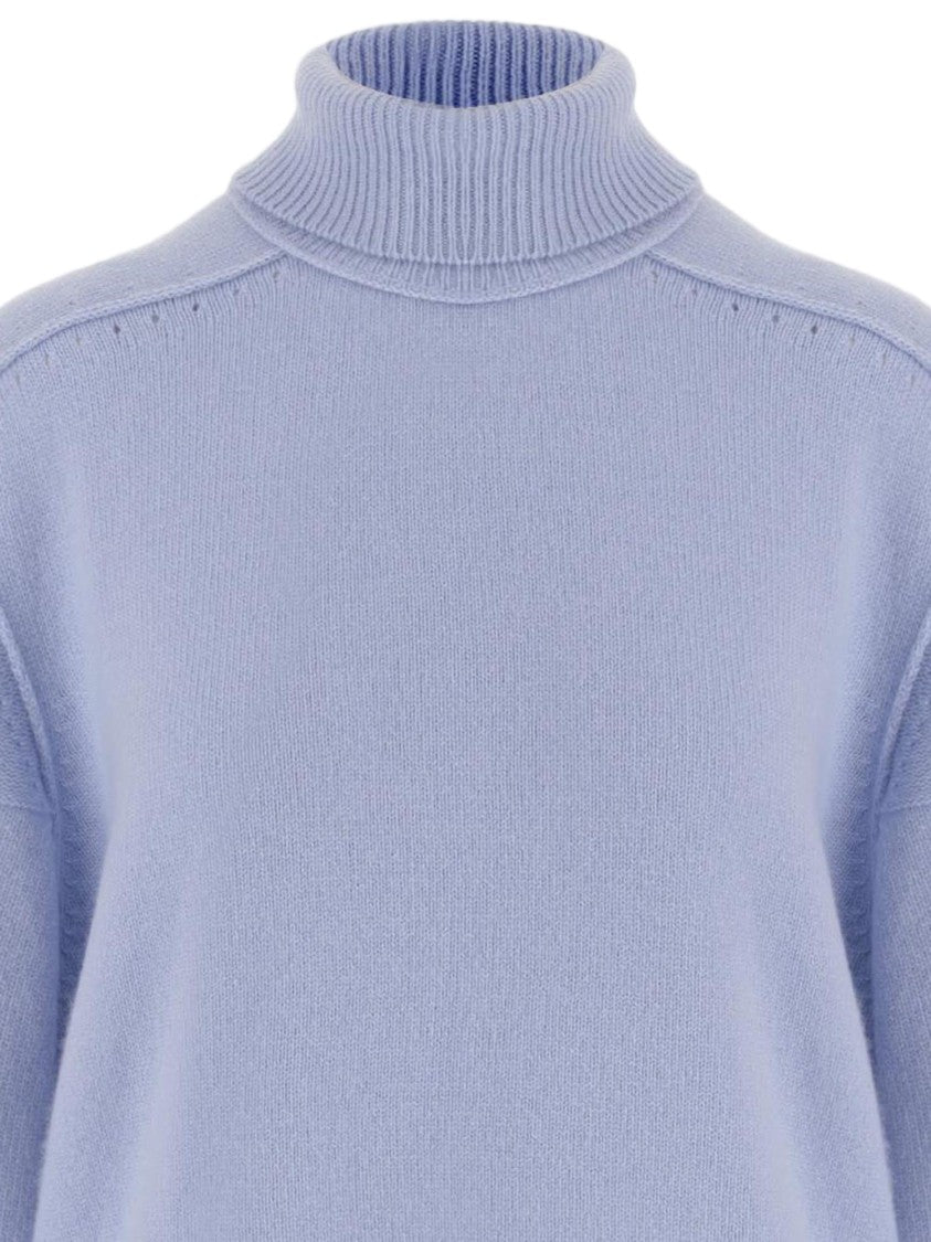 Carven Light Blue Ribbed Oversized High Neck Cashmere Sweater