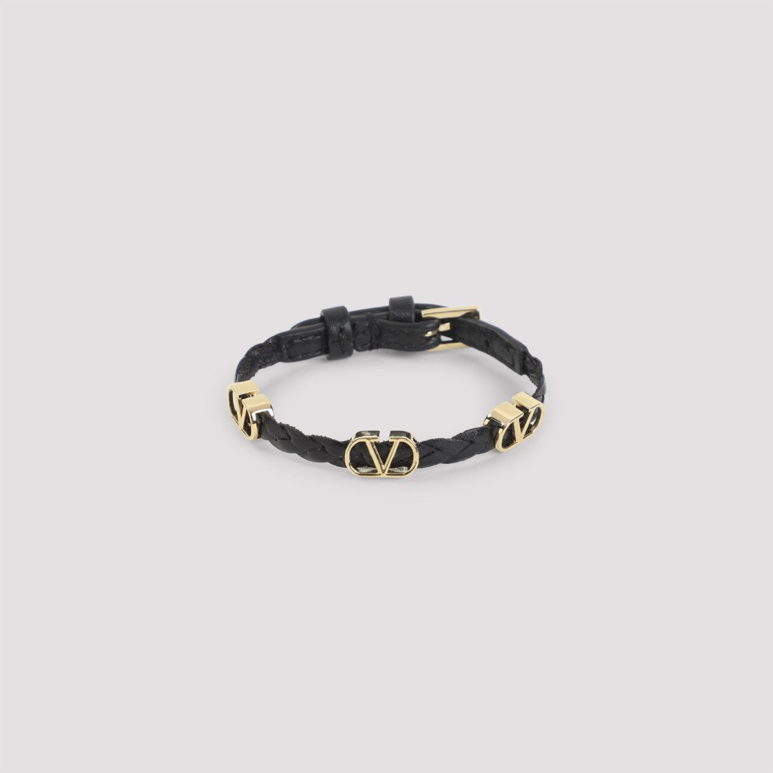Valentino Garavani Woven Black Leather Bracelet With Gold-Toned Vlogo Charms