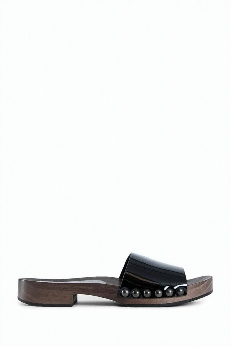 Miu Miu Patent Leather Slide Sandals With Studded Accents