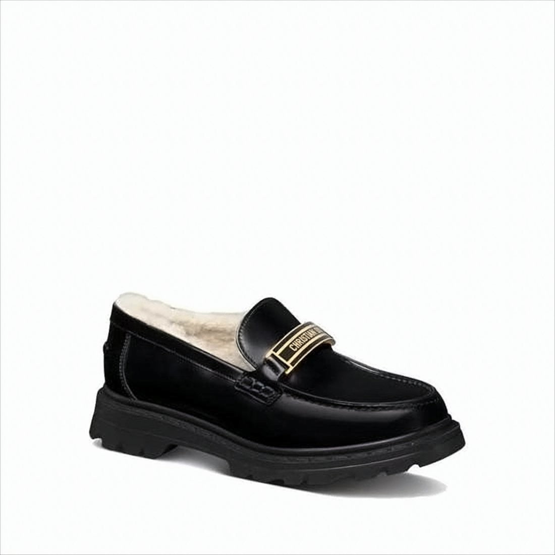 Christian Dior Black Calf Leather Loafers With Gold-Tone Buckle And Rugged Sole