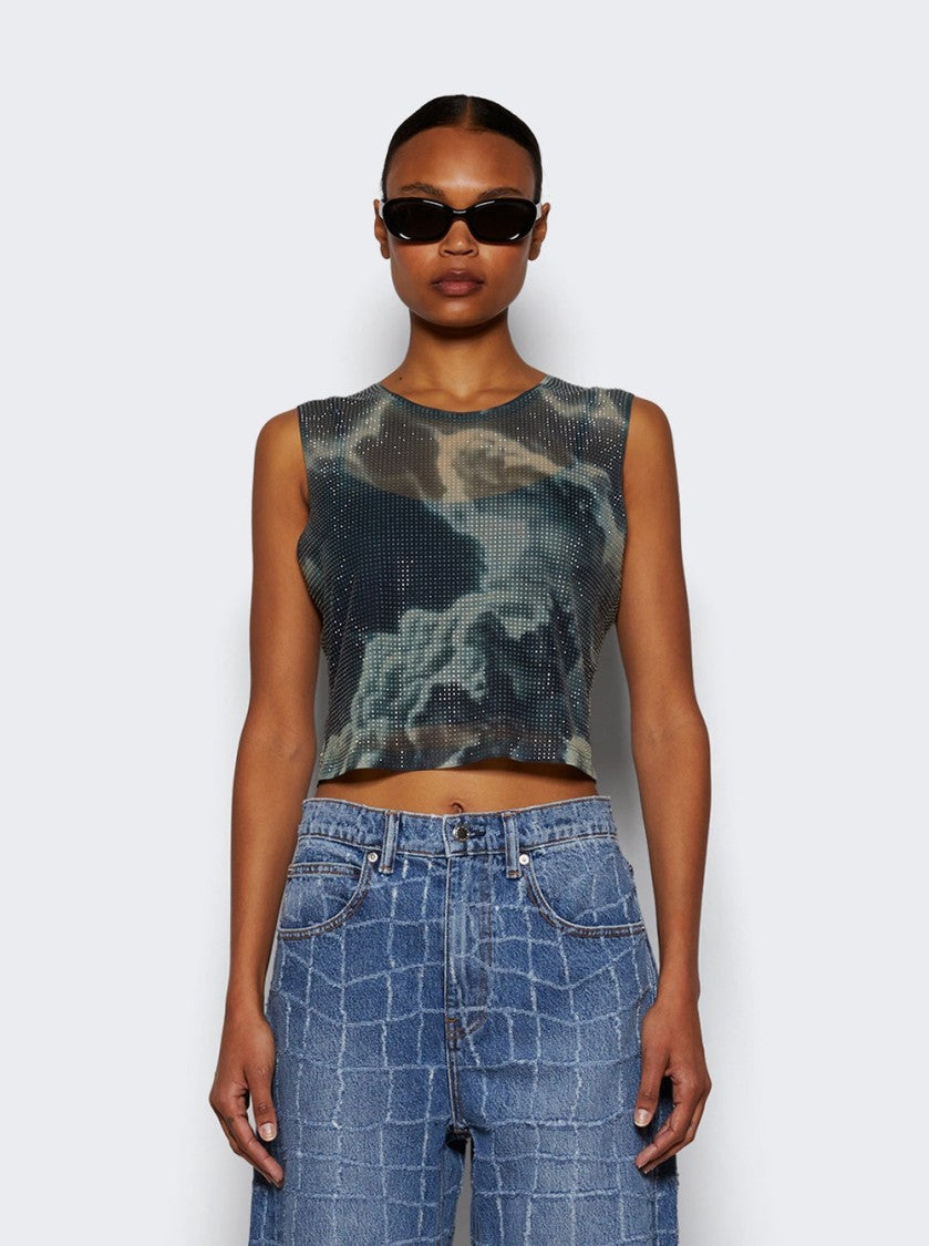 Alexander Wang Crystal Hotfix Organza Jersey Tank Top Cloud-Print