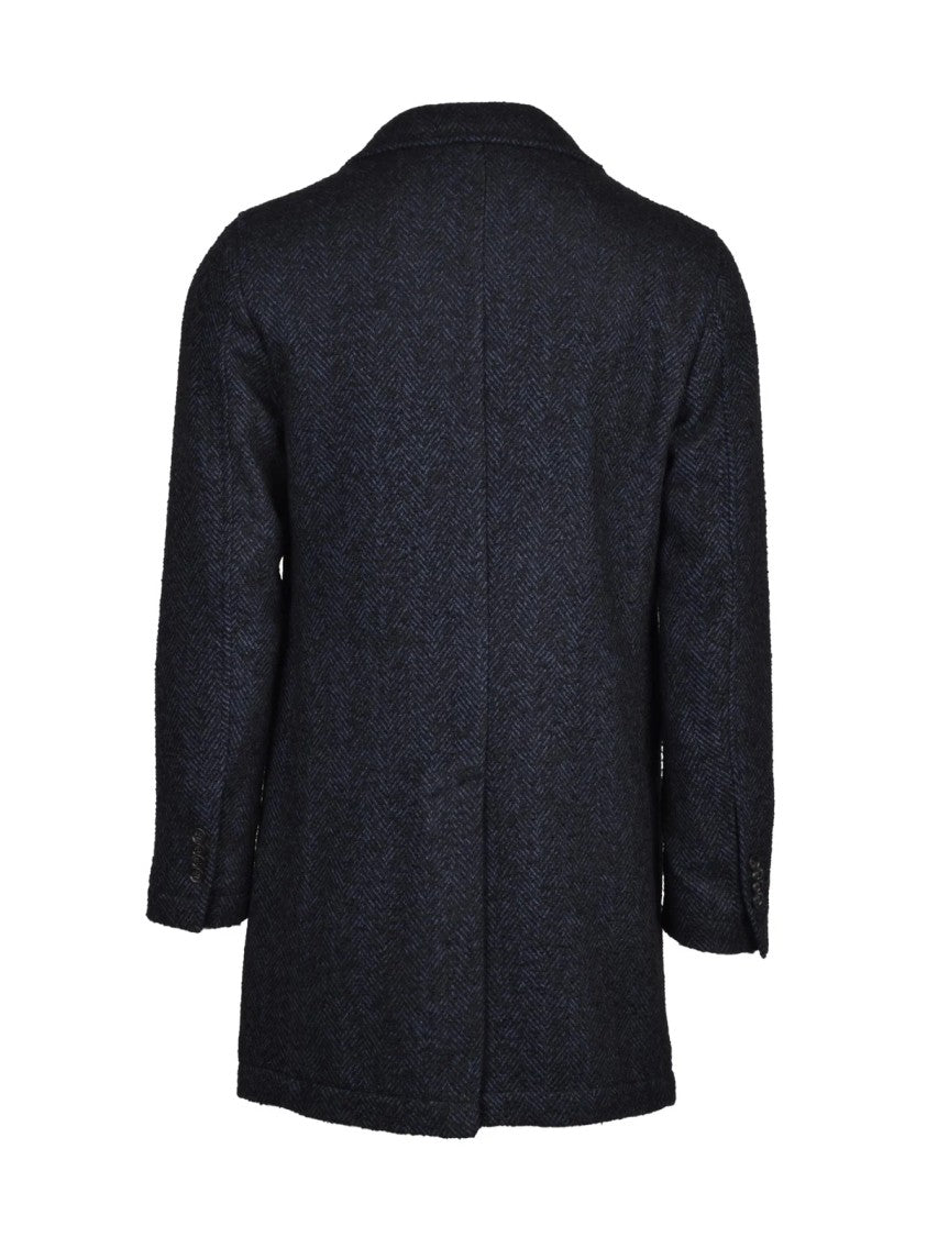 Manuel Ritz Blue/Black Tailored Herringbone Polyester-Blend Coat