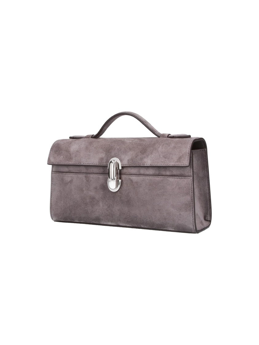 Savette Grey Symmetry Turn-Lock Top-Handle Suede Clutch