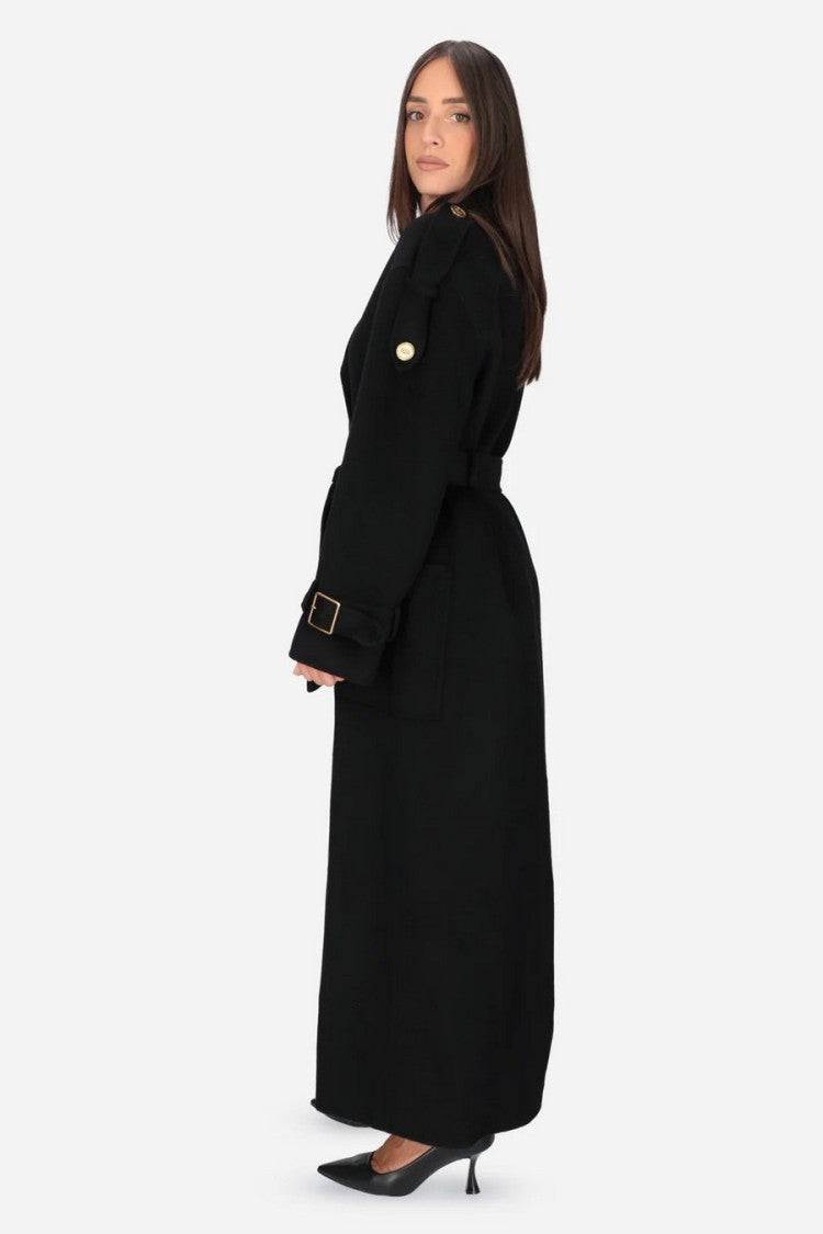 Elisabetta Franchi Black Double-Breasted Belted Wool Trench Coat