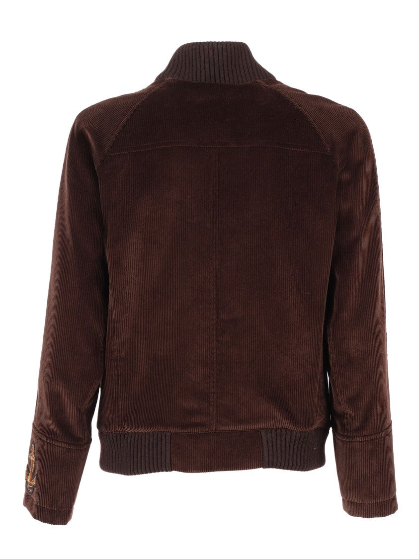 Sealup Brown Velvet Blouson With Brass Buttons And Hand-Embroidered Anchor Detail