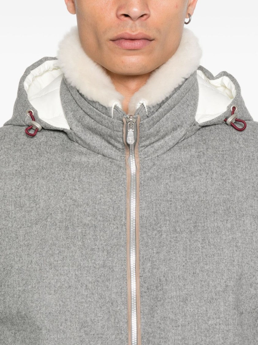 Brunello Cucinelli Textured Grey Coat With Plush Hood And Zippered Pockets