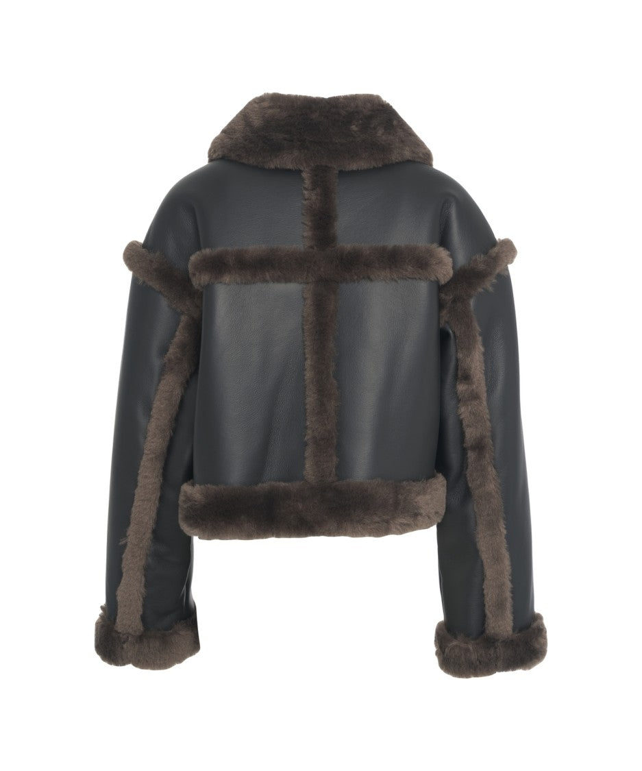 Stand Studio Cropped Black Bomber Jacket With Montone Fur Trim